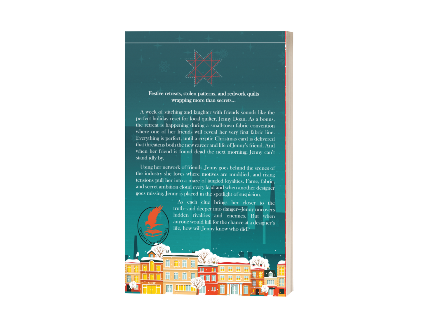 Back cover of A Body in Redwork with a colorful illustration of a town and text on a white background