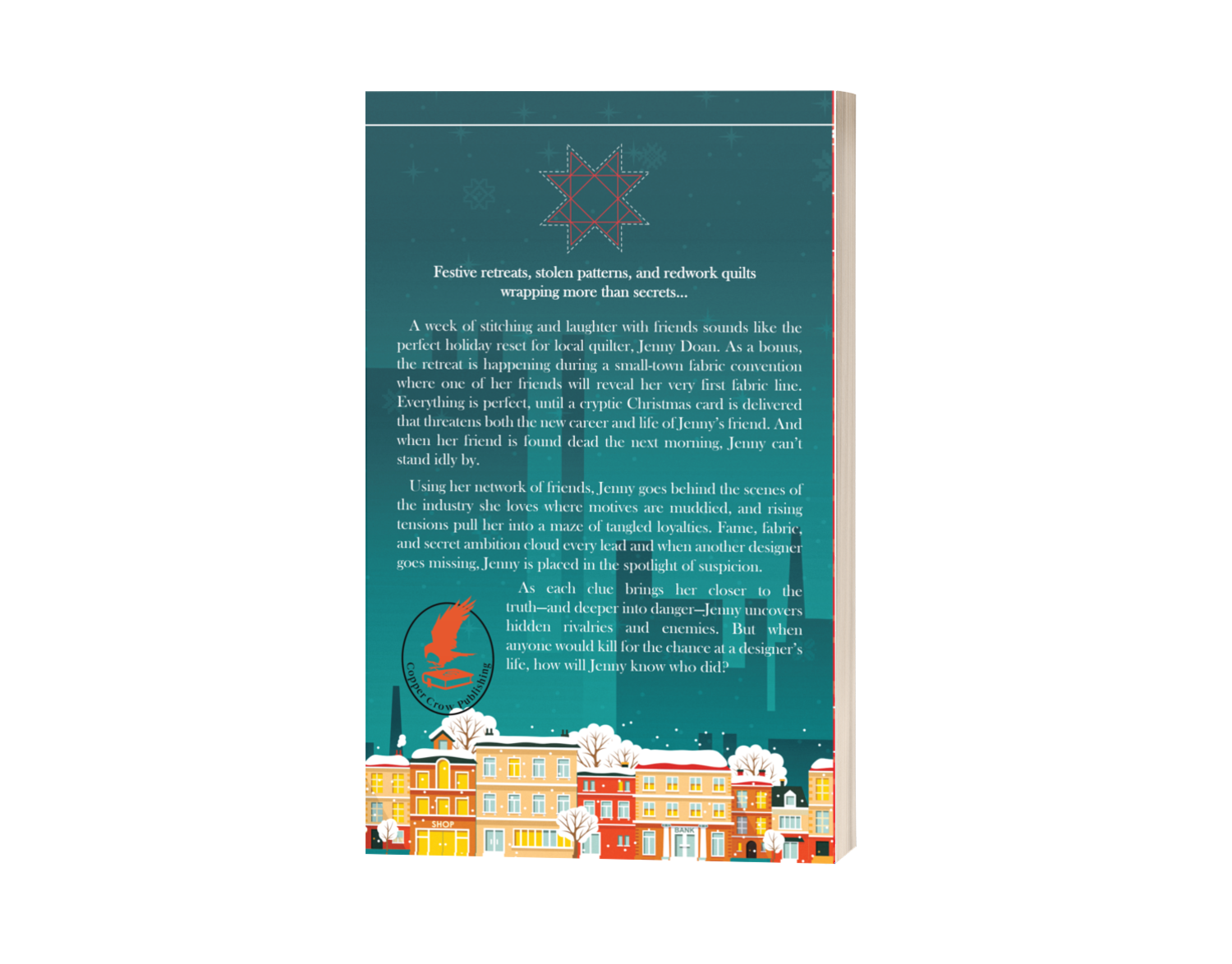 Back cover of A Body in Redwork with a colorful illustration of a town and text on a white background