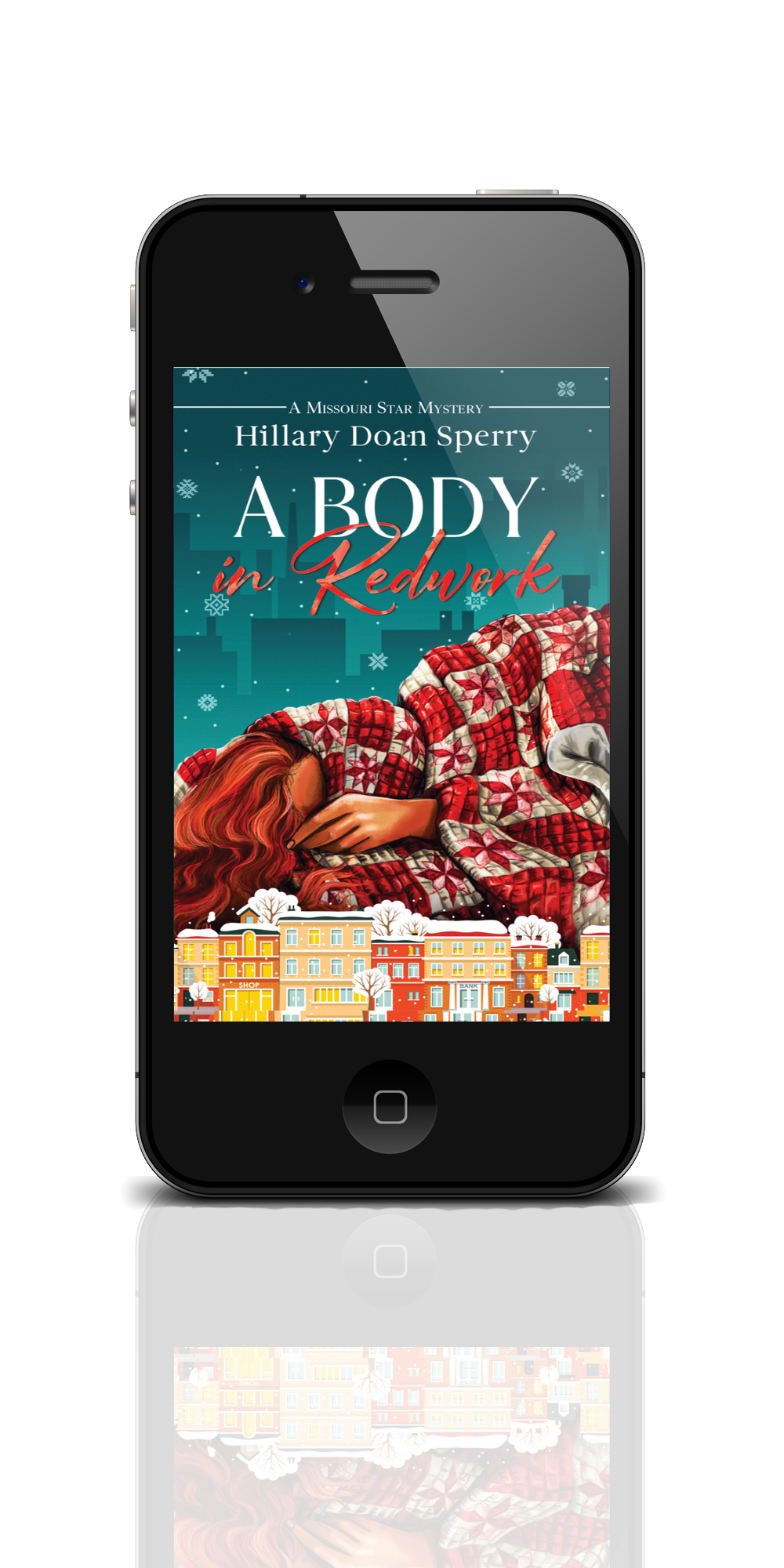 Phone displaying the book cover of 'A Body in Redavk' by Hillary Doan Sperry on a white background