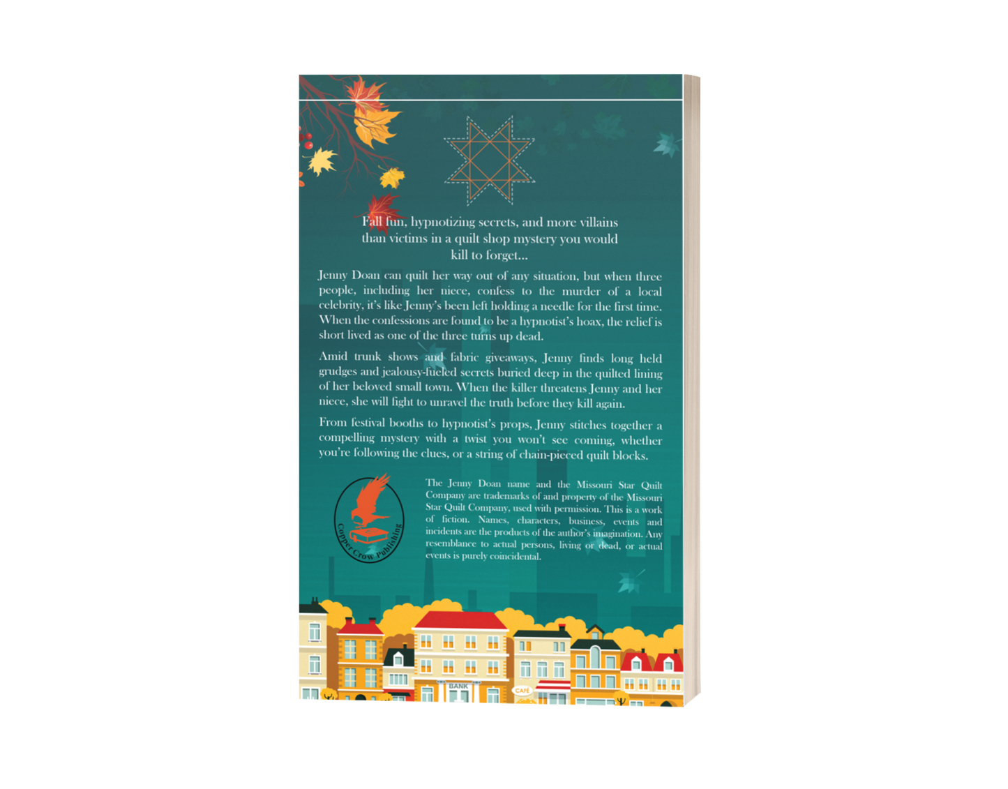 Back cover of Chain Piecing a Mystery with a colorful illustration of a town and text on a white background