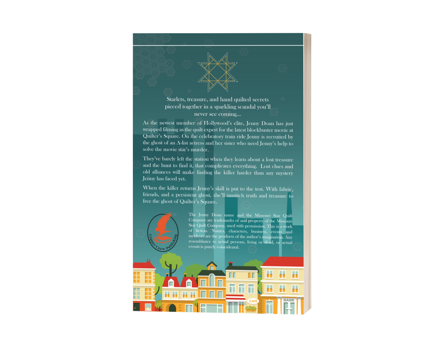 Back cover of The Haunting of Quilter's Square with a colorful illustration of a town and text on a white background