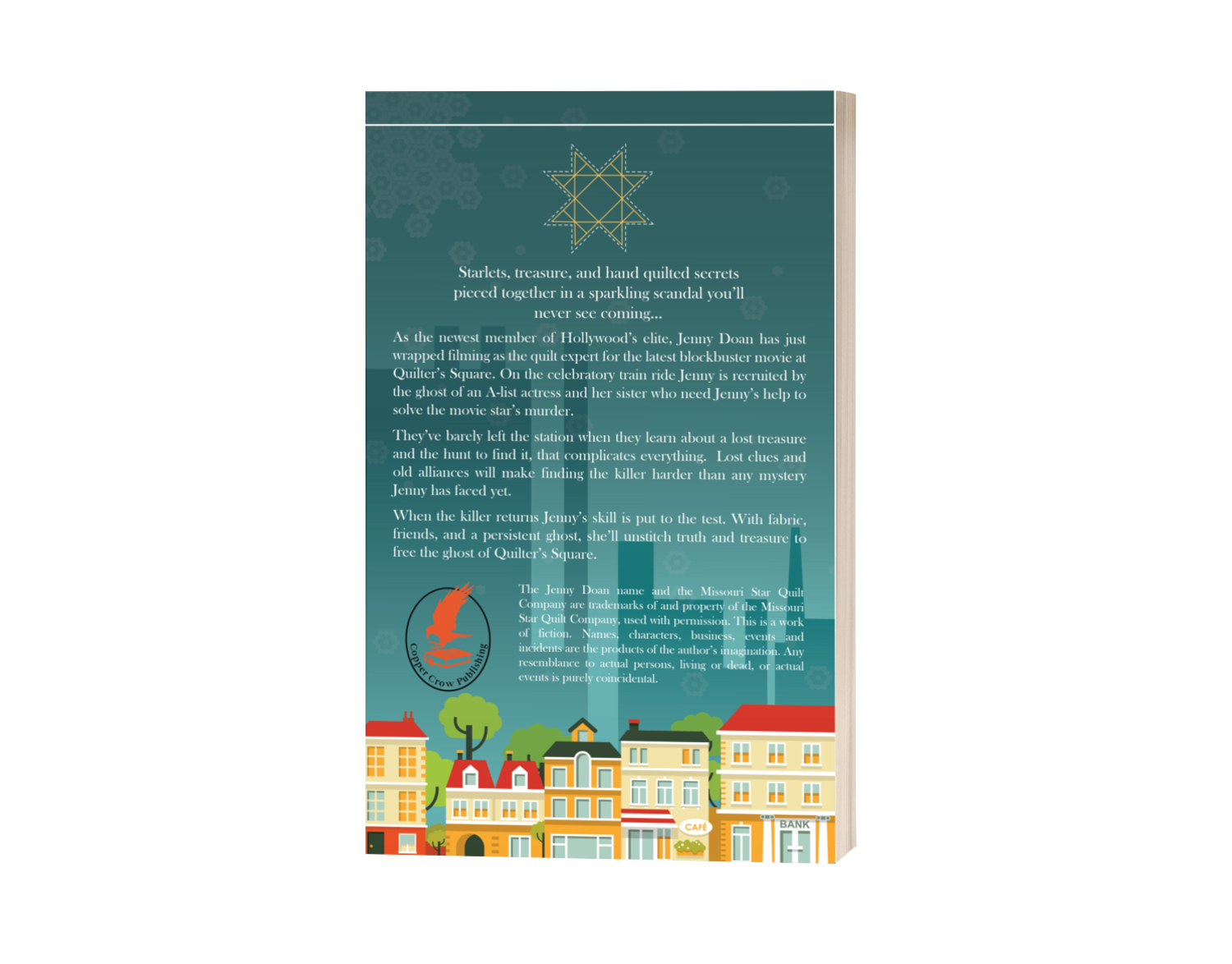 Back cover of The Haunting of Quilter's Square with a colorful illustration of a town and text on a white background