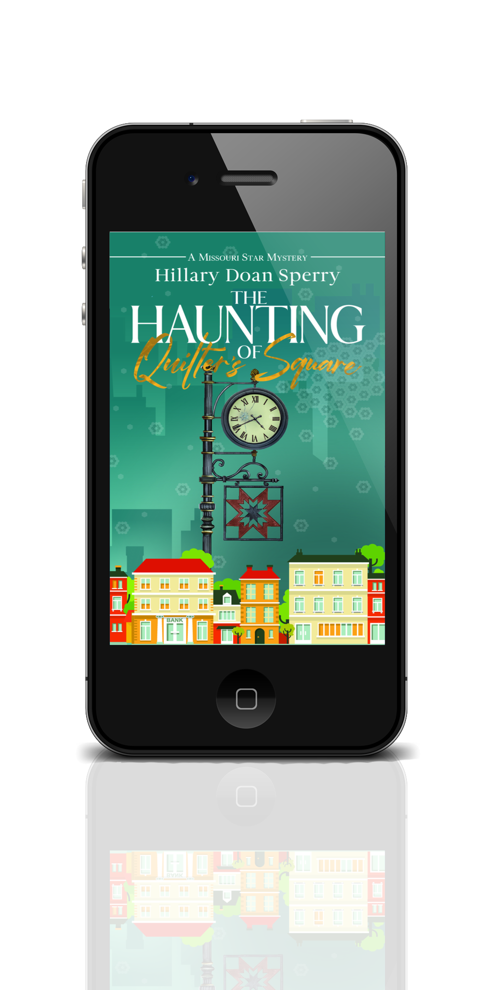Phone displaying the cover of 'The Haunting of Chatter's Square' by Hillary Duan Sperry on a white background